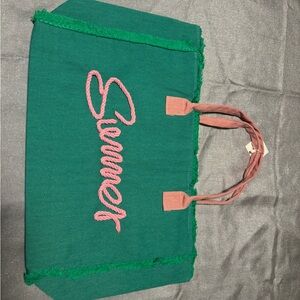 Vibrant Green and Pink Canvas Beach Tote with Wide Opening